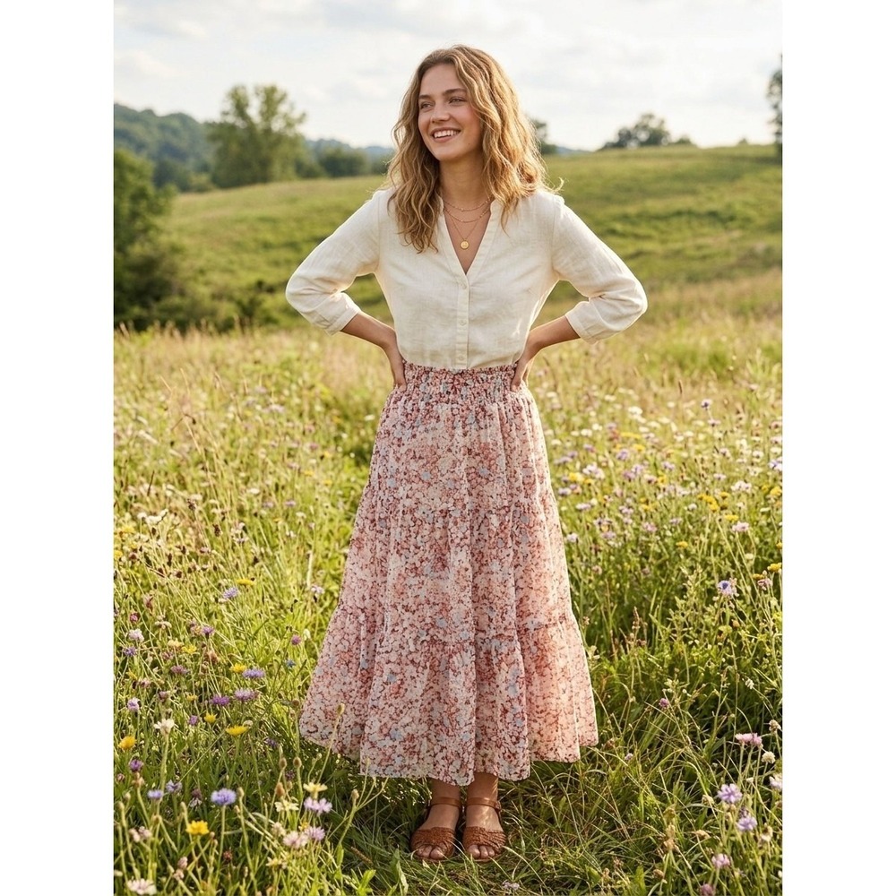 Lauren Ralph Lauren Floral Smocked Tiered Midi Skirt Pink Burgundy 8P New